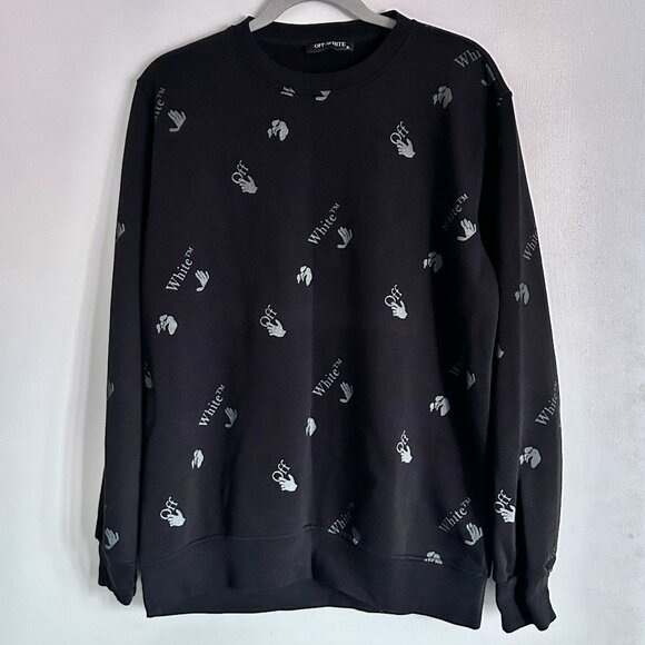 Off-White Sweaters - Off-White All Over Logo Grey & Black Crewneck Sweatshirt
